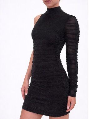 Windsor Black Shimmer One Sleeve Ruched Bodycon Mini Dress Small